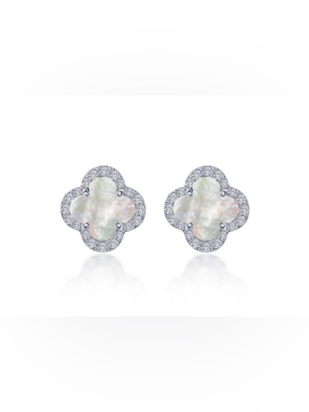 925 Silver 10MM Mother-of-Pearl & Moissanite Clover Push Back Stud Earrings - Picture 3 of 6
